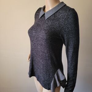 Monteau Black Heather Long Sleeve Knit Top with Striped Contrast Collar